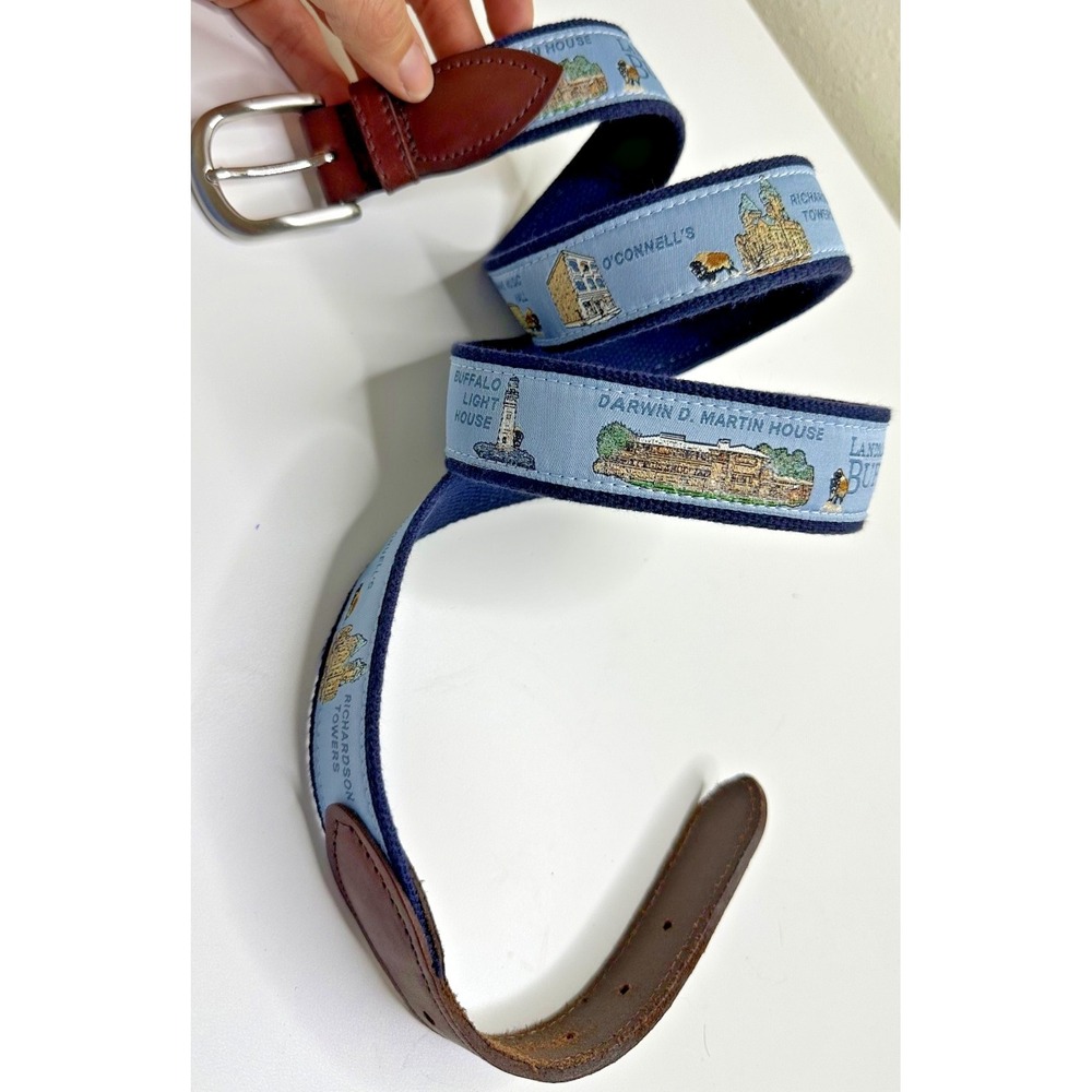 Vintage Landmarks Of Buffalo New York Belt Leather Sz 44 Hipster Canvas Blue